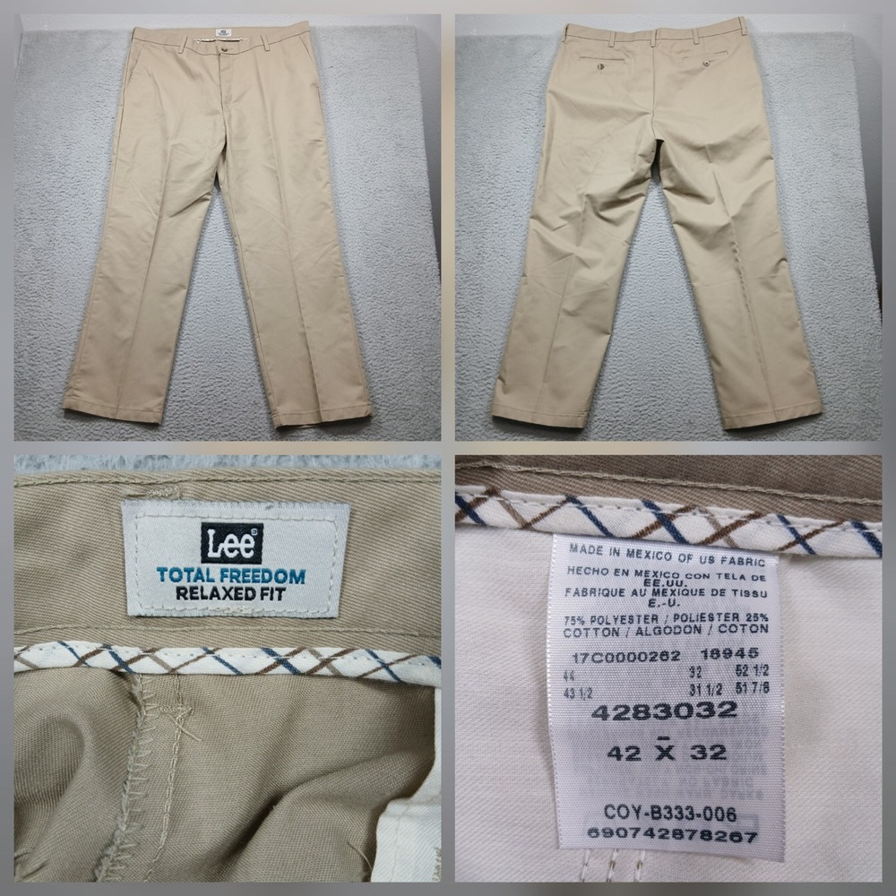 Lee Total Freedom Khaki Pants Men's 42x32 Beige Relaxed Fit Flat Front